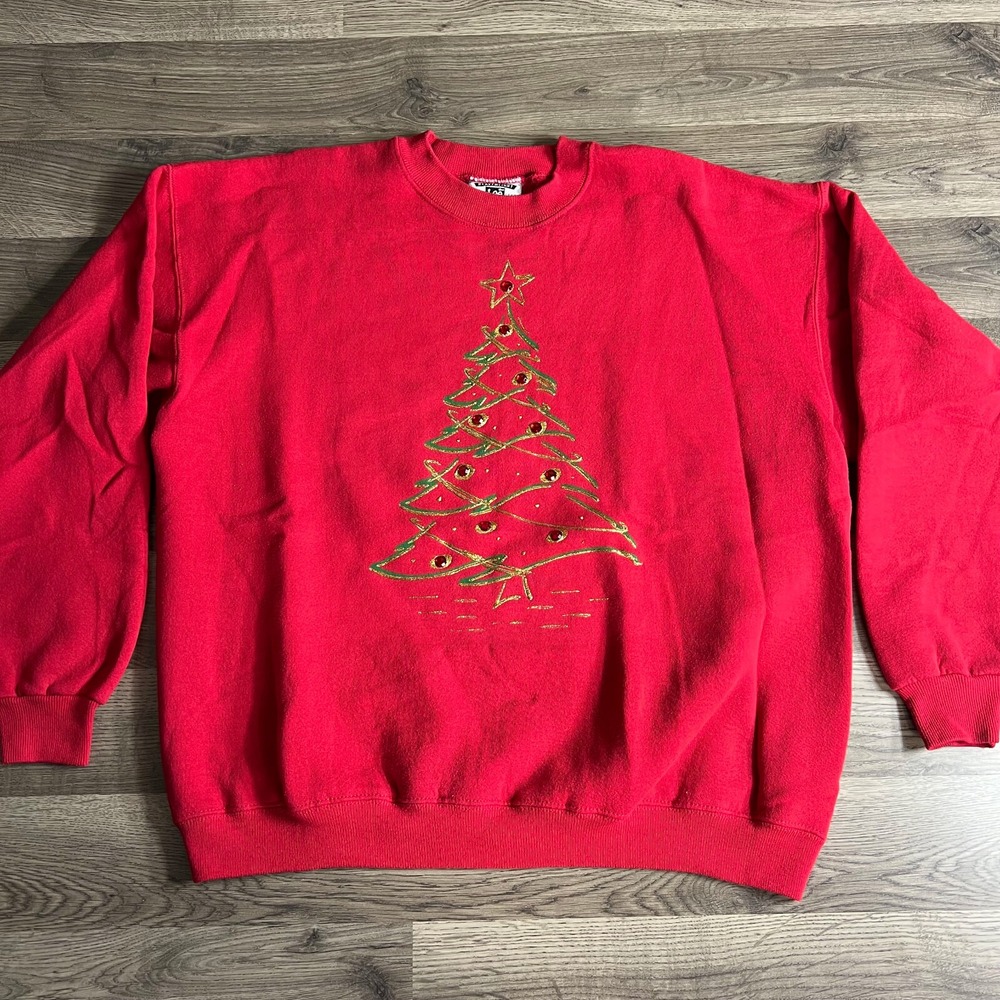 VTG Christmas Sweatshirt Mens XL Red Christmas Tree Star Lee 1990s Made in USA‎